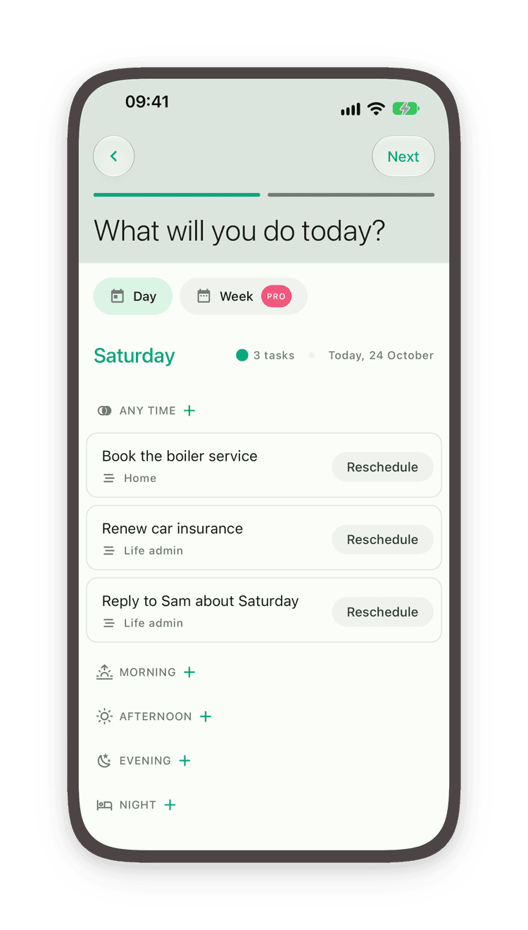 L’écran Plan your day de Do Everything, qui demande ce que vous ferez aujourd’hui, avec trois tâches choisies pour la journée
