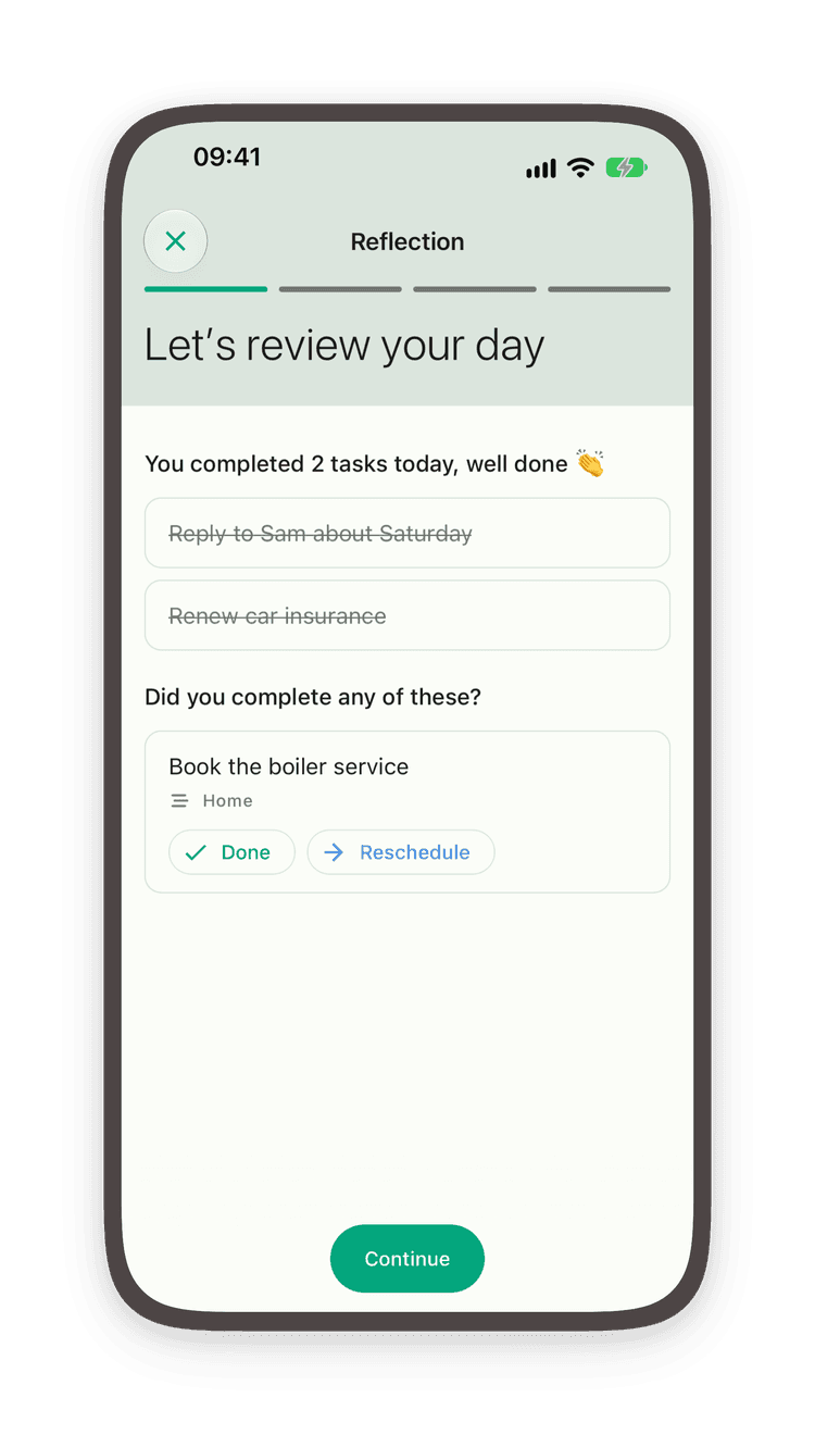 L’écran Let’s review your day de Do Everything : deux tâches faites et Book the boiler service encore ouverte, avec les options Done et Reschedule