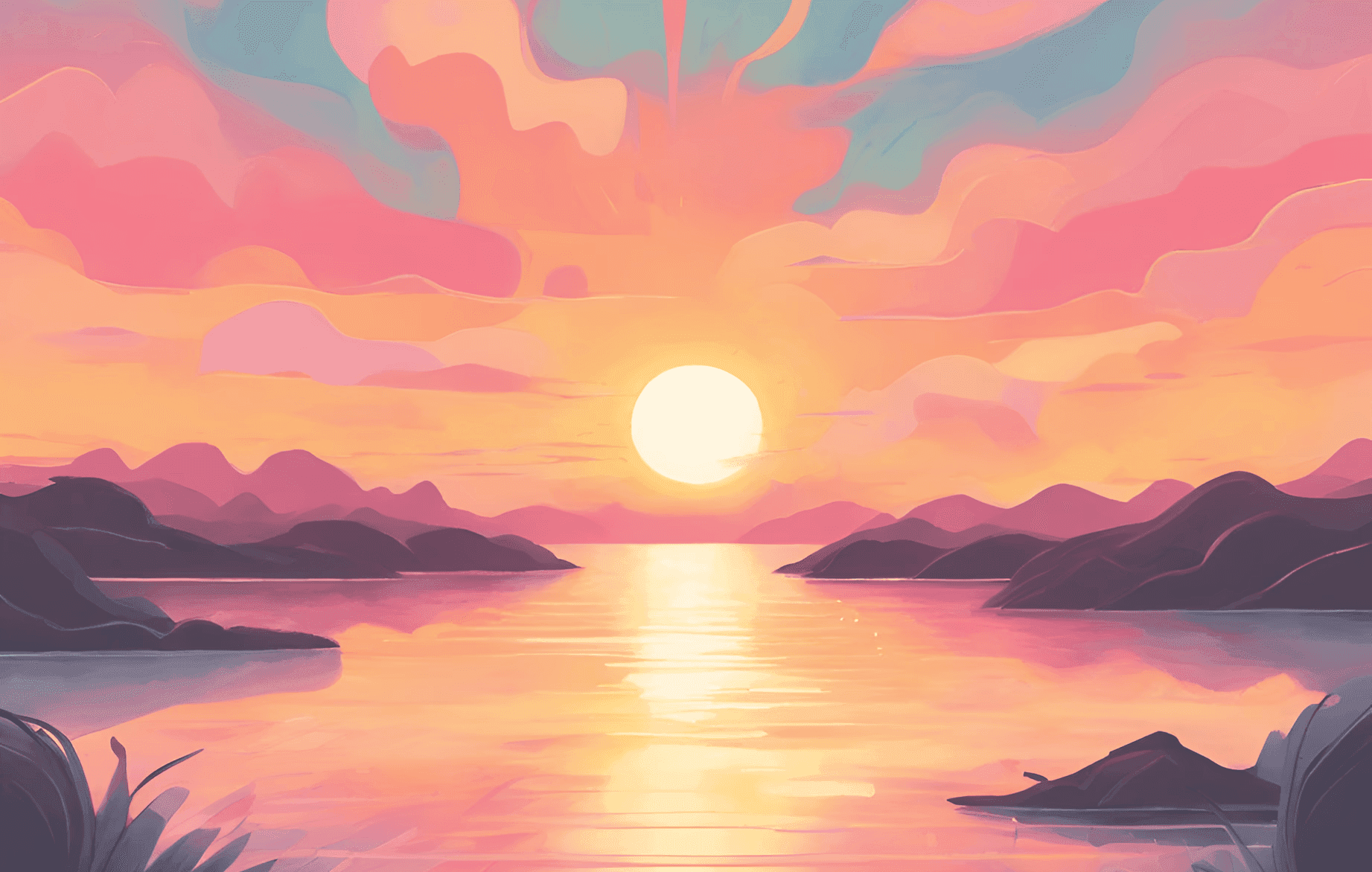 Illustration of a person reflecting at sunset