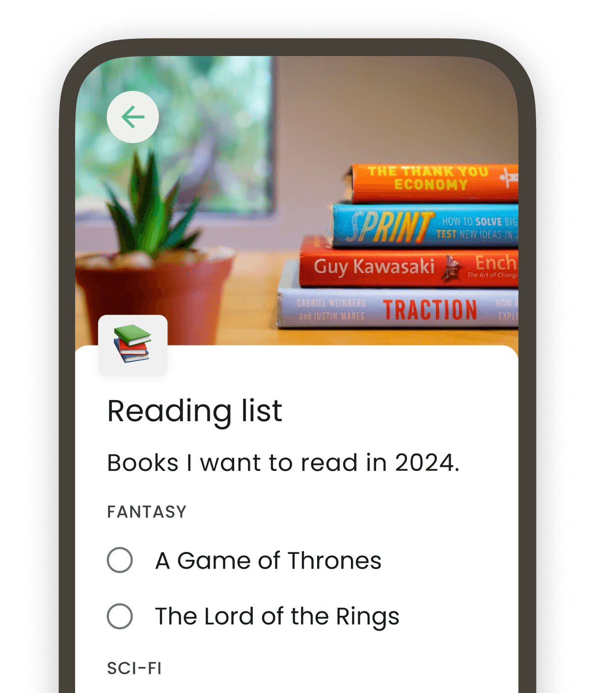 List with a cover image and an emoji