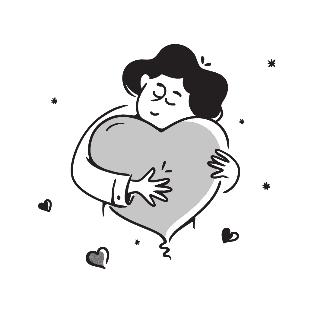 Illustration of a woman hugging a heart, representing self-reflection
