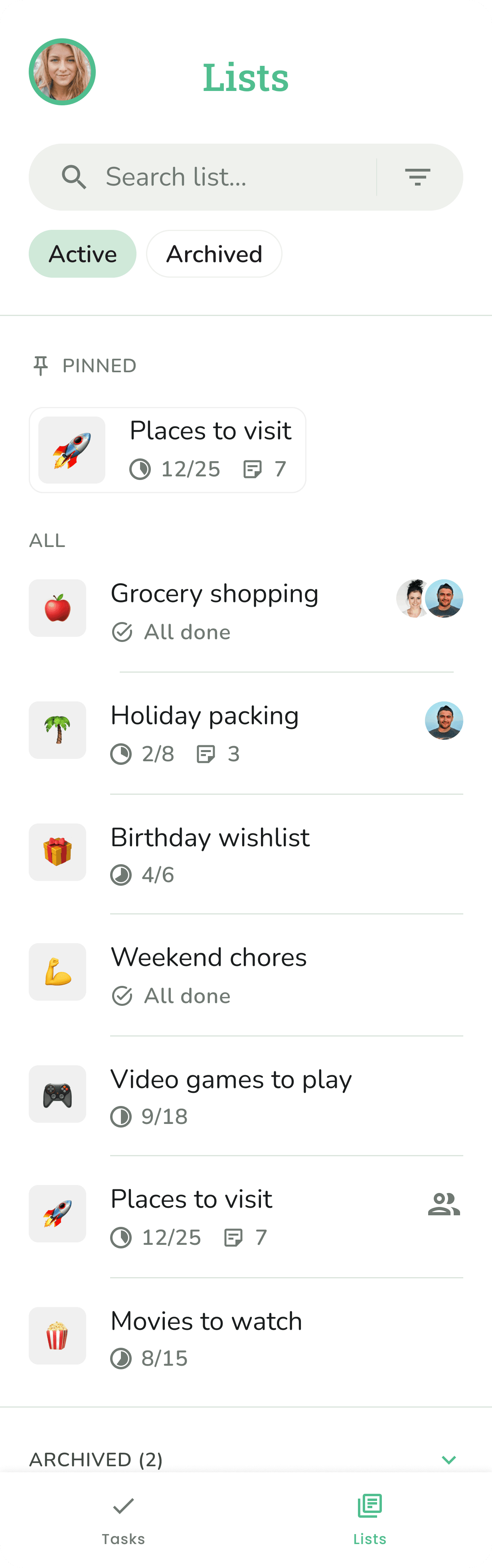 Phone screenshot showing the lists view in Do Everything