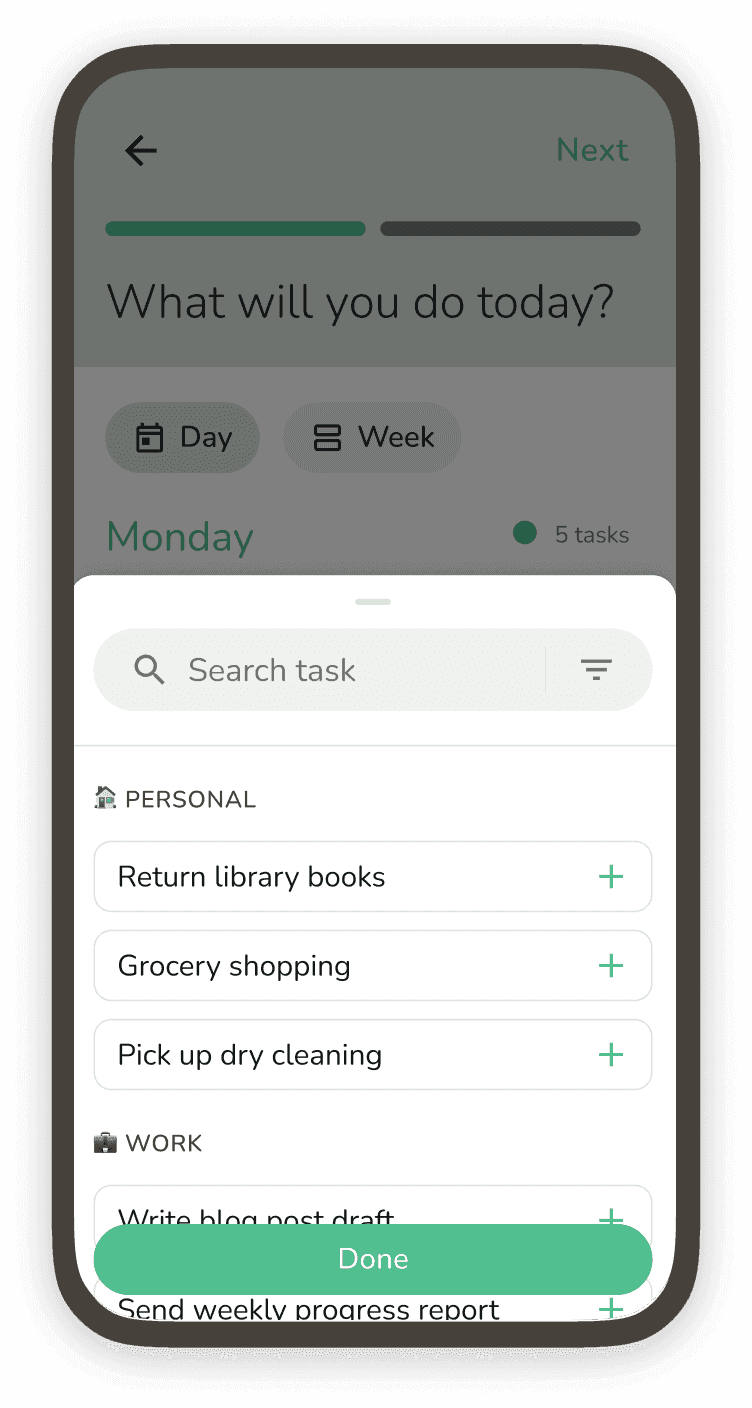 Phone screenshot showing the daily planner with tasks being selected
