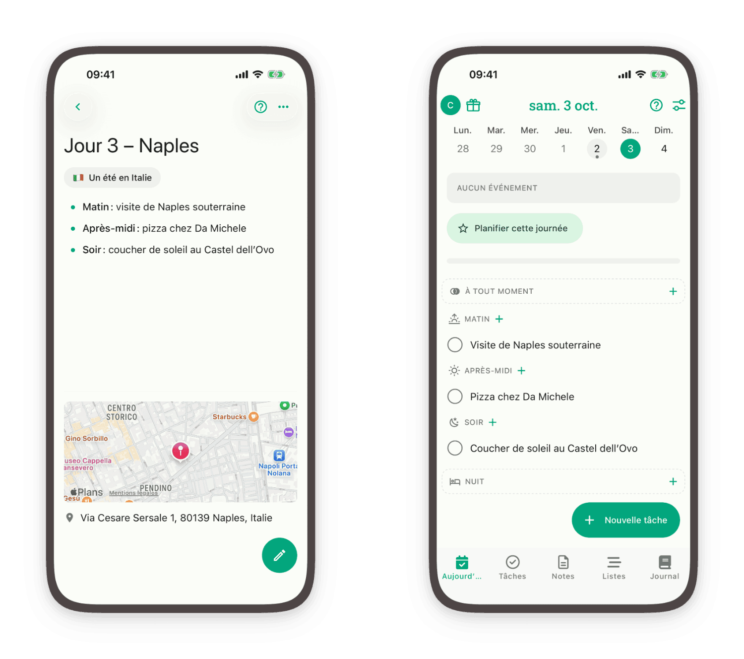 Une note pour le jour 3 à Naples avec son lieu sur une carte, à côté de l’onglet Aujourd’hui qui montre les tâches de ce jour le matin, l’après-midi et le soir