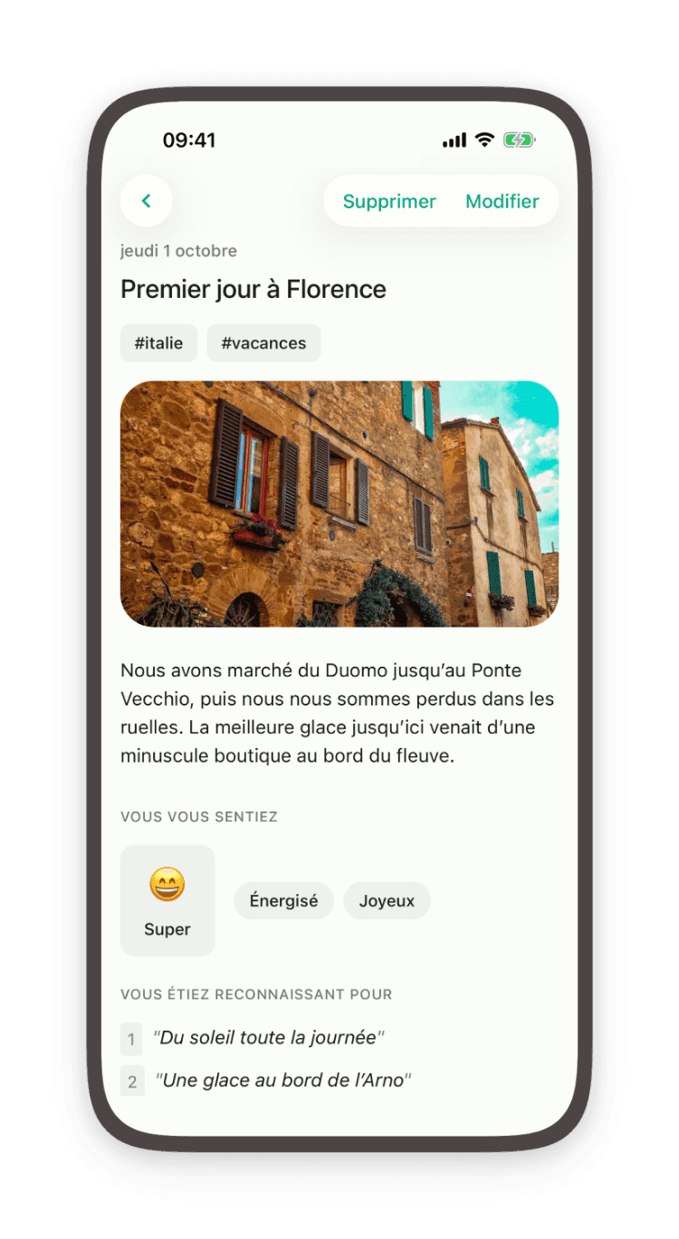 Une entrée de journal sur un premier jour à Florence, avec une photo, l’humeur du jour et ce dont l’auteur était reconnaissant