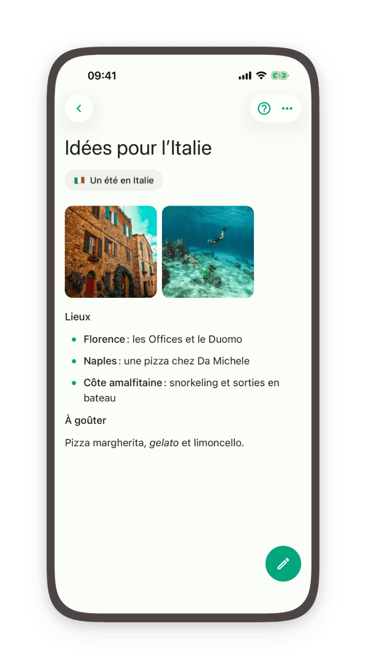 Une note d’idées pour l’Italie dans Do Everything, avec deux photos et une liste de lieux à visiter