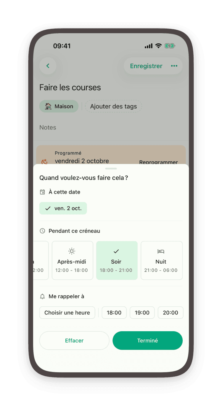 Le panneau de planification d’une tâche, avec le soir choisi comme moment de la journée