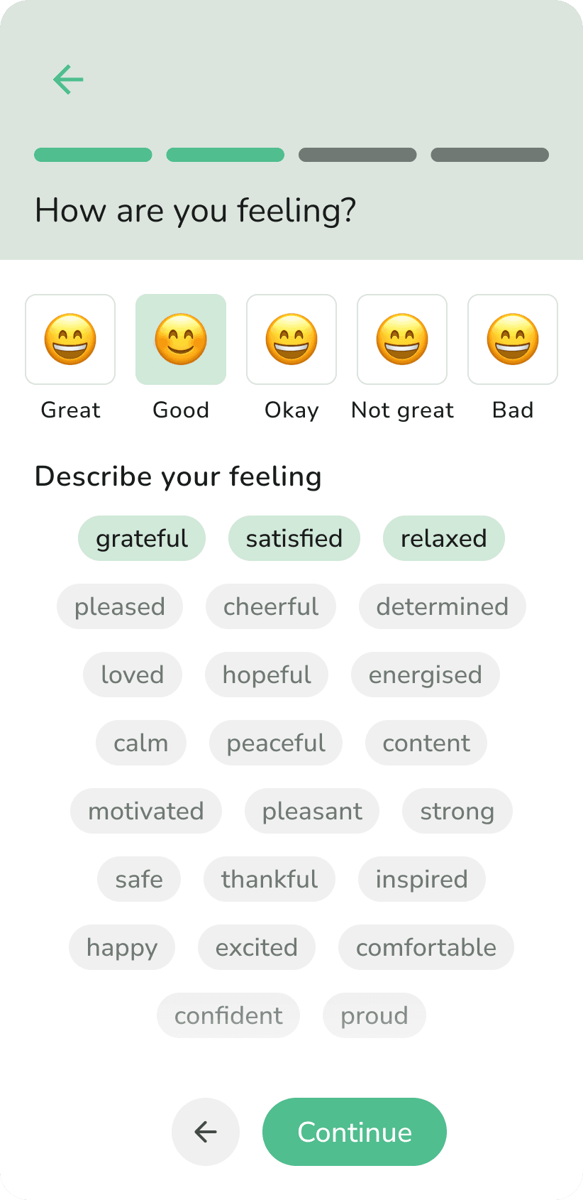 Phone screenshot showing mood tracking with five mood levels