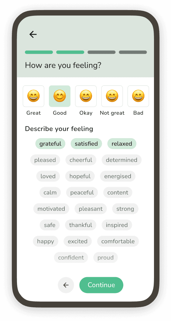 Phone screenshot showing mood tracking with emotion selection