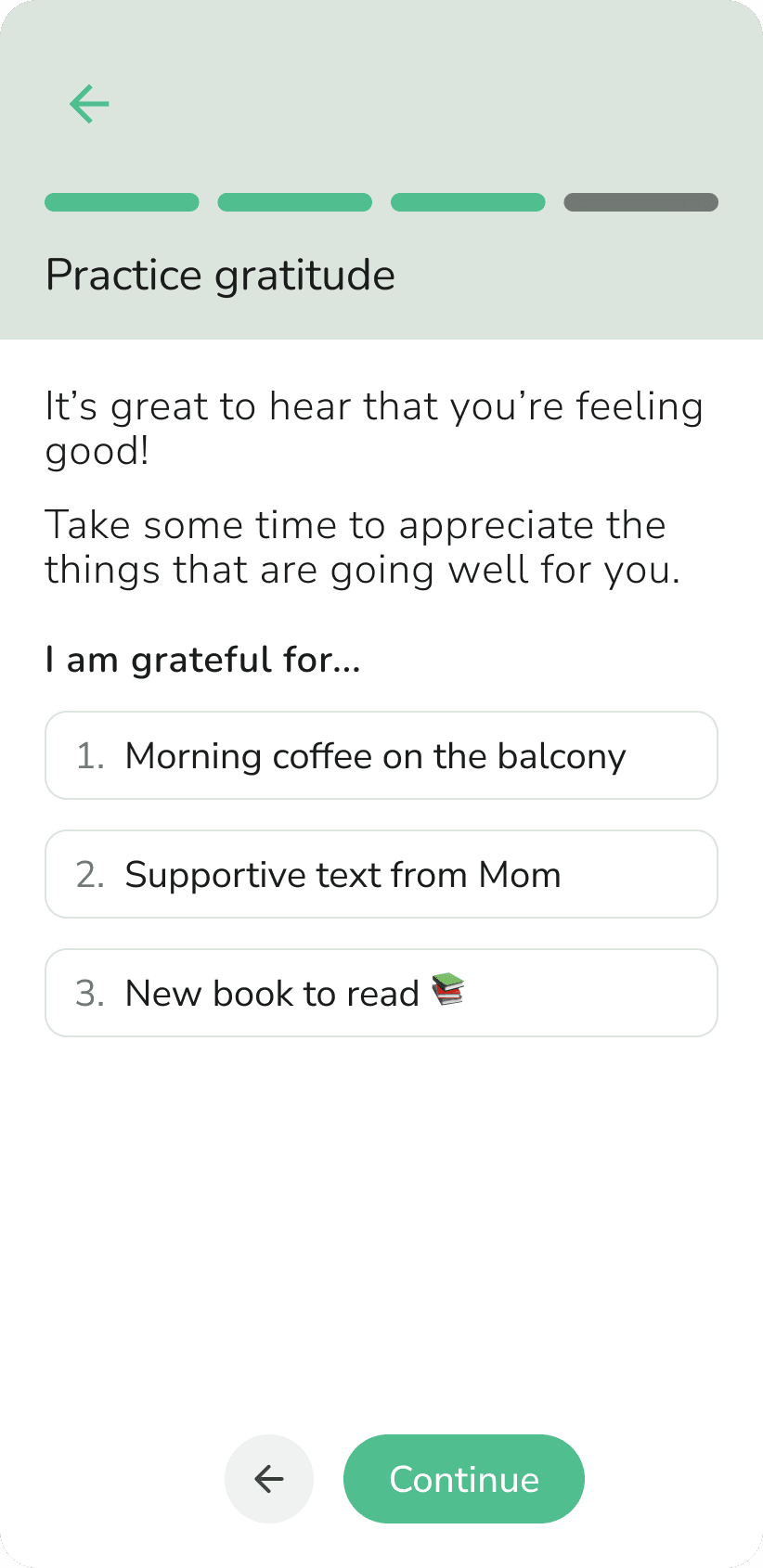Phone screenshot showing the gratitude practice screen