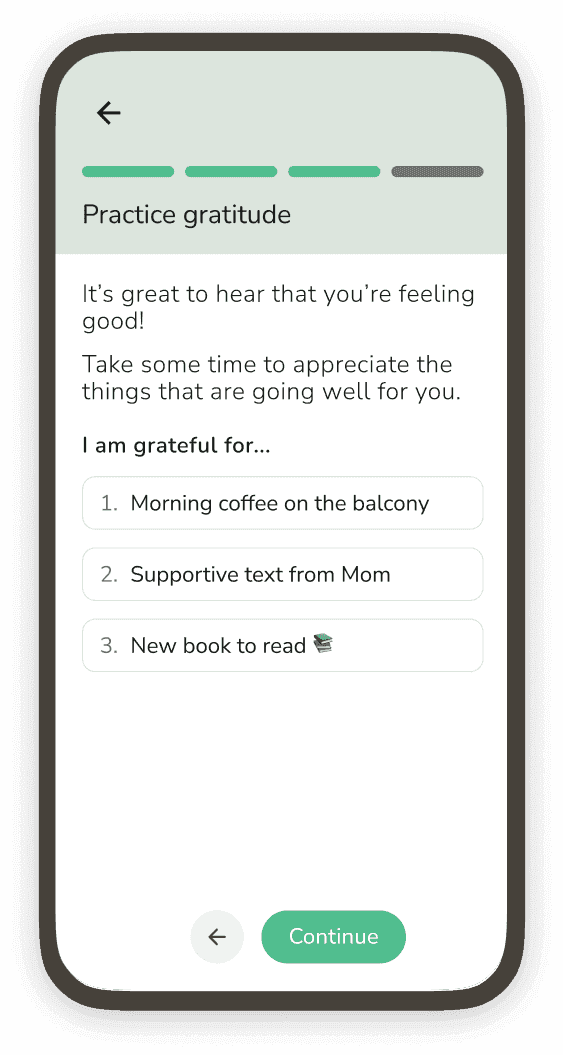 Phone screenshot showing the gratitude practice screen