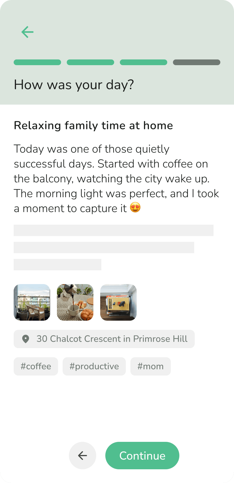 Phone screenshot showing the journal story writing screen