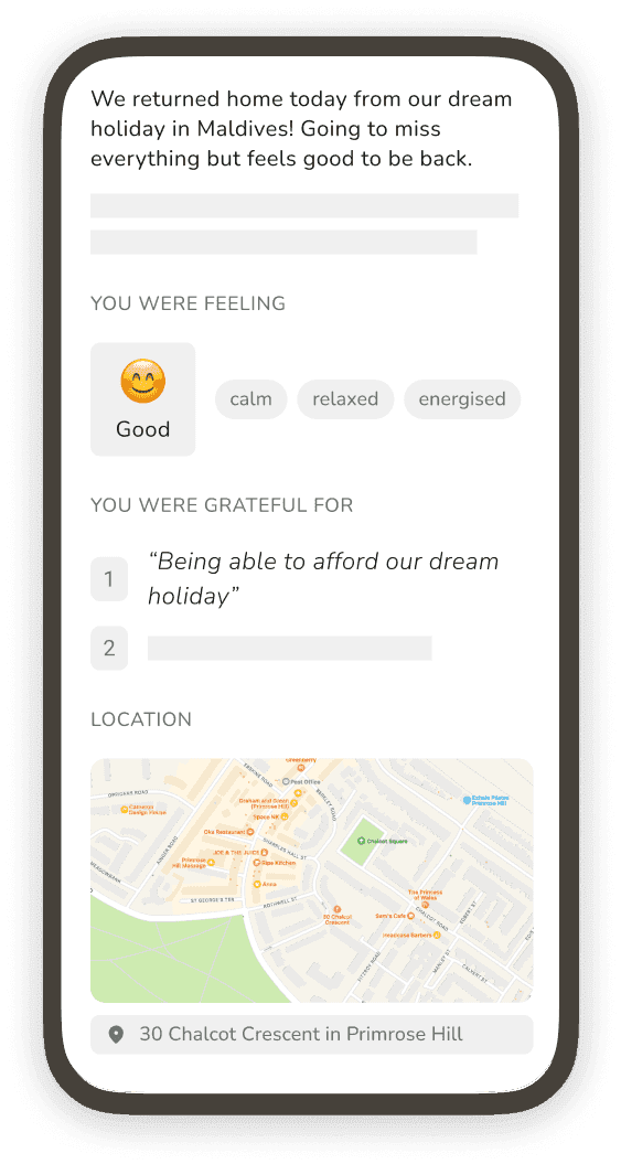 Phone screenshot showing a journal entry with location tagging