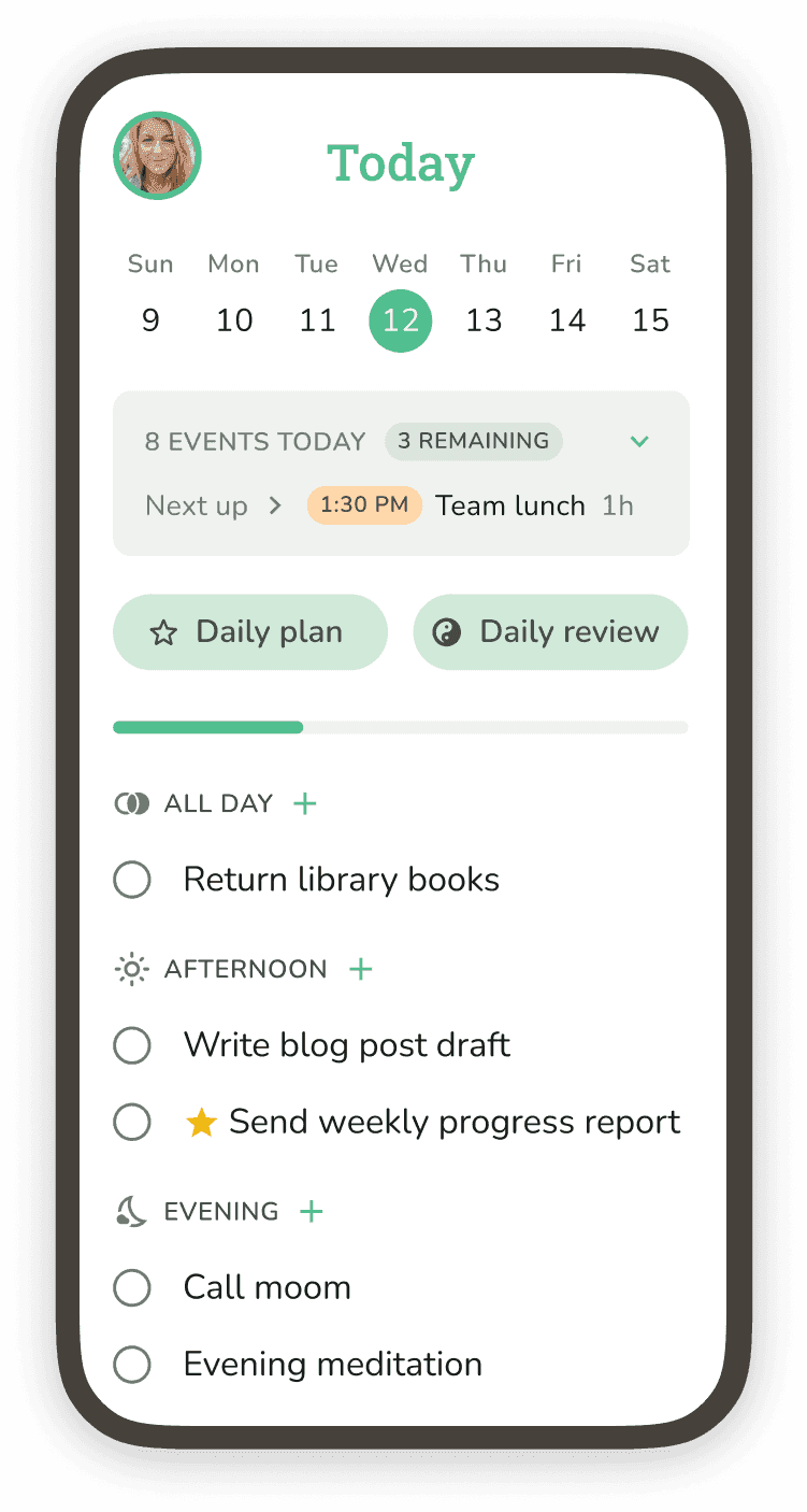 Phone screenshot showing the daily planner with a highlighted task