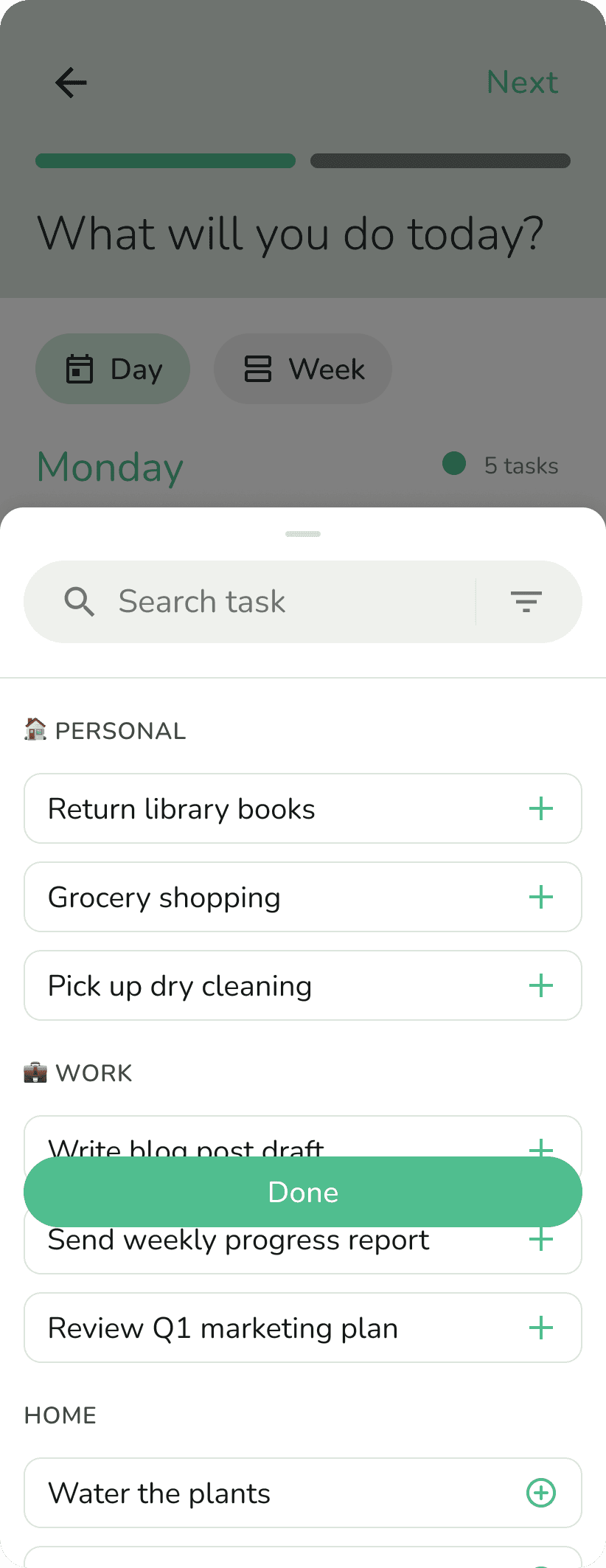 Planning step 1: choose your tasks screen