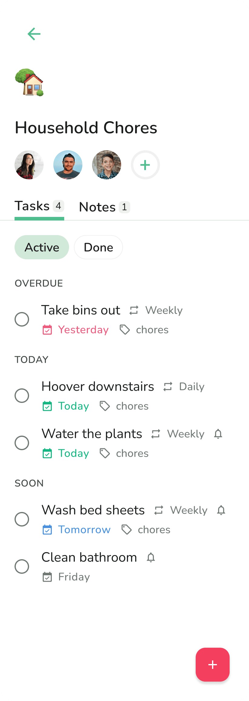 Phone screenshot showing recurring household tasks with reminders