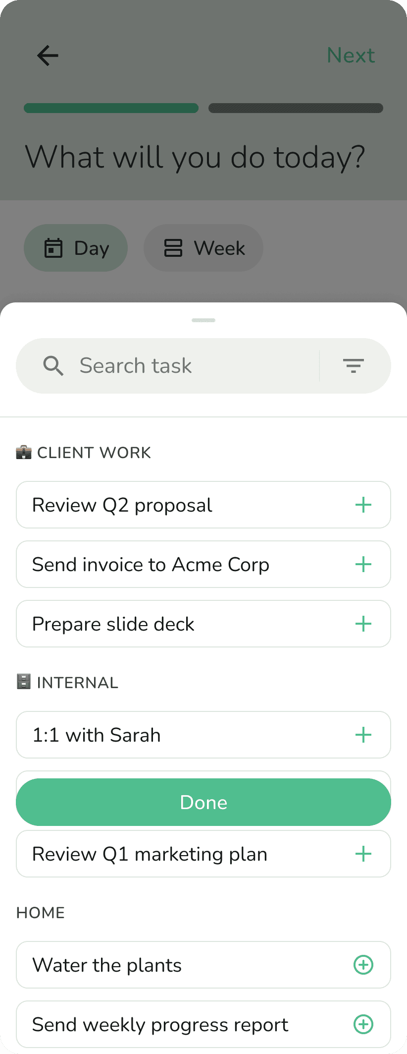 Phone screenshot showing the daily planner with tasks being selected