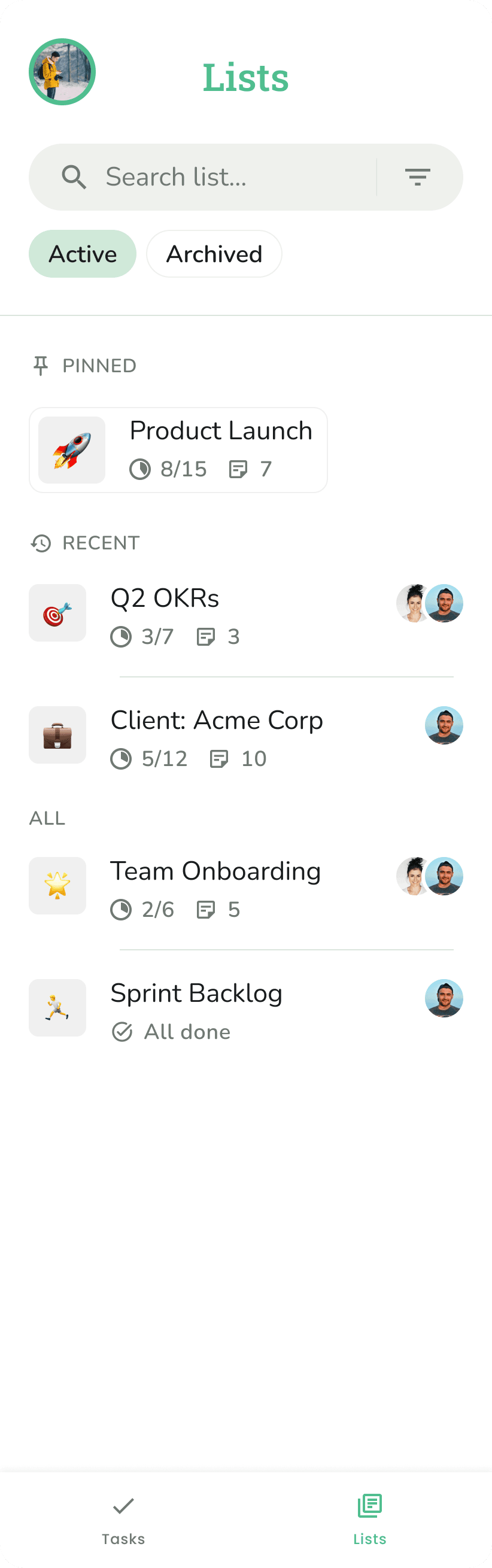 Phone screenshot showing project lists with sections