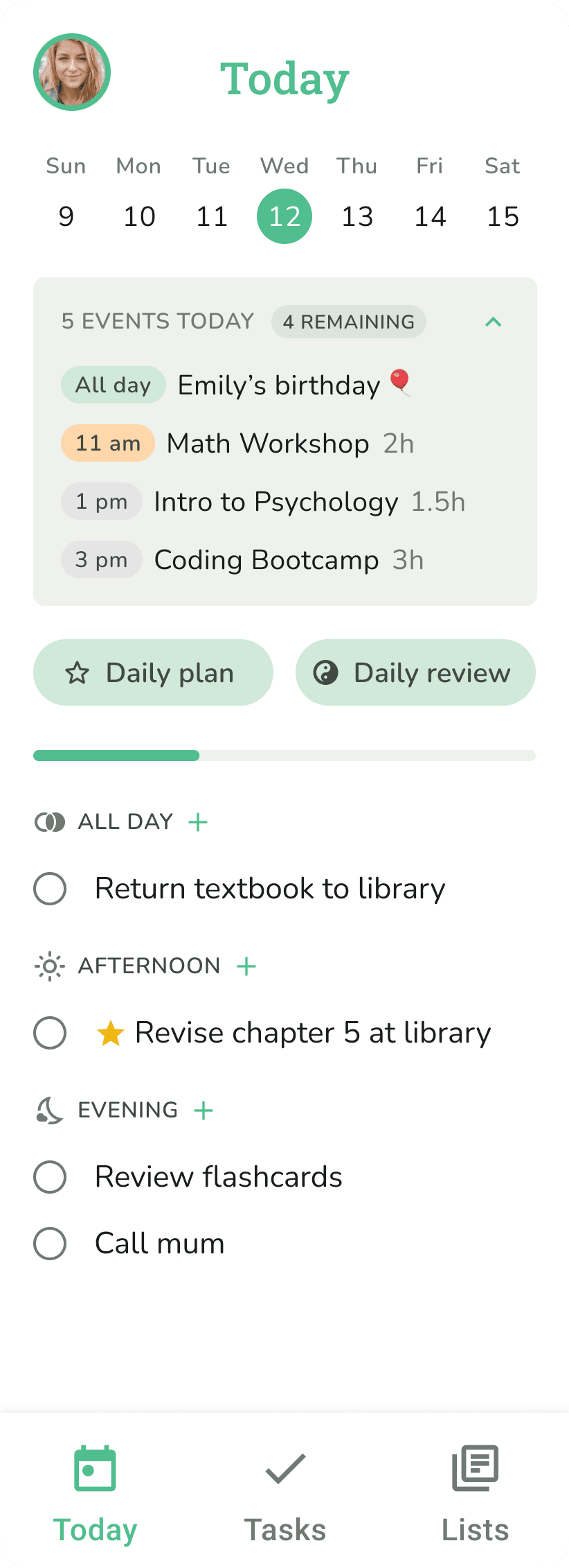 Phone screenshot showing the daily planner with time-of-day slots