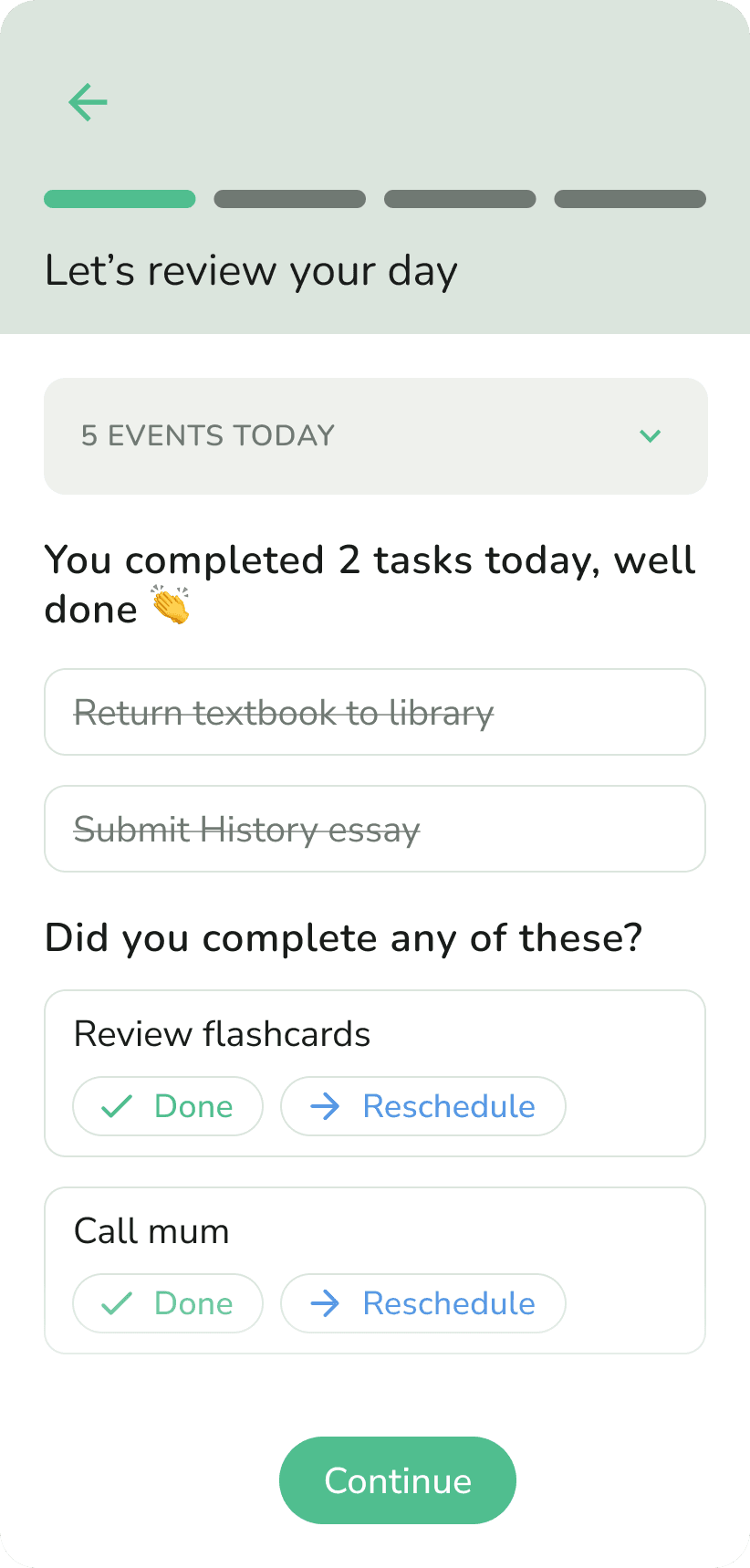 Phone screenshot showing the 'Let's review your day' reflection screen