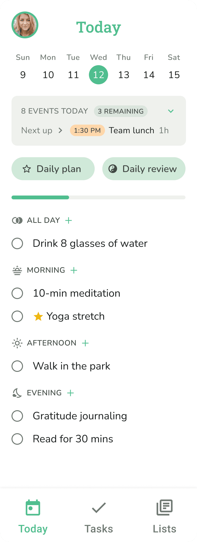 Phone screenshot showing the daily planner with a highlighted task