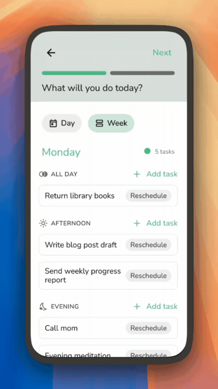 Animated preview of weekly planning in PRO mode